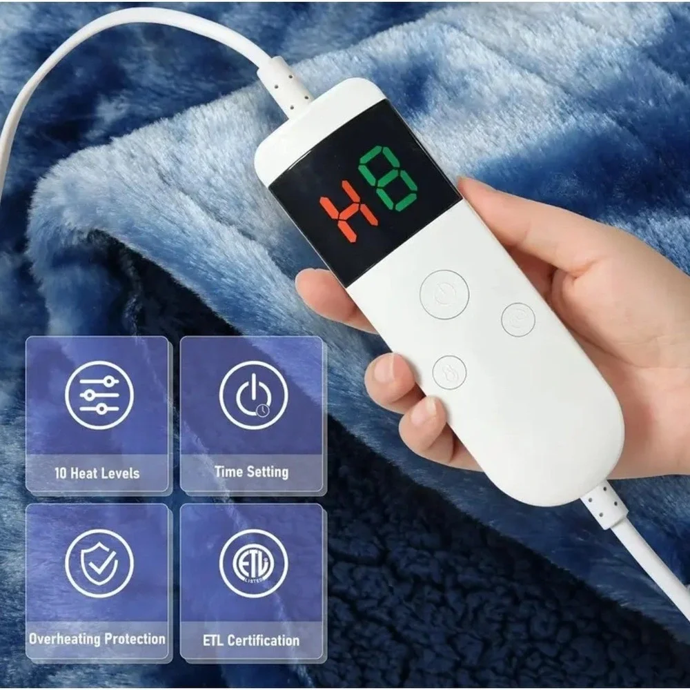 Manta eléctrica‎ calefactable azul con 10 niveles de calor y apagado automático